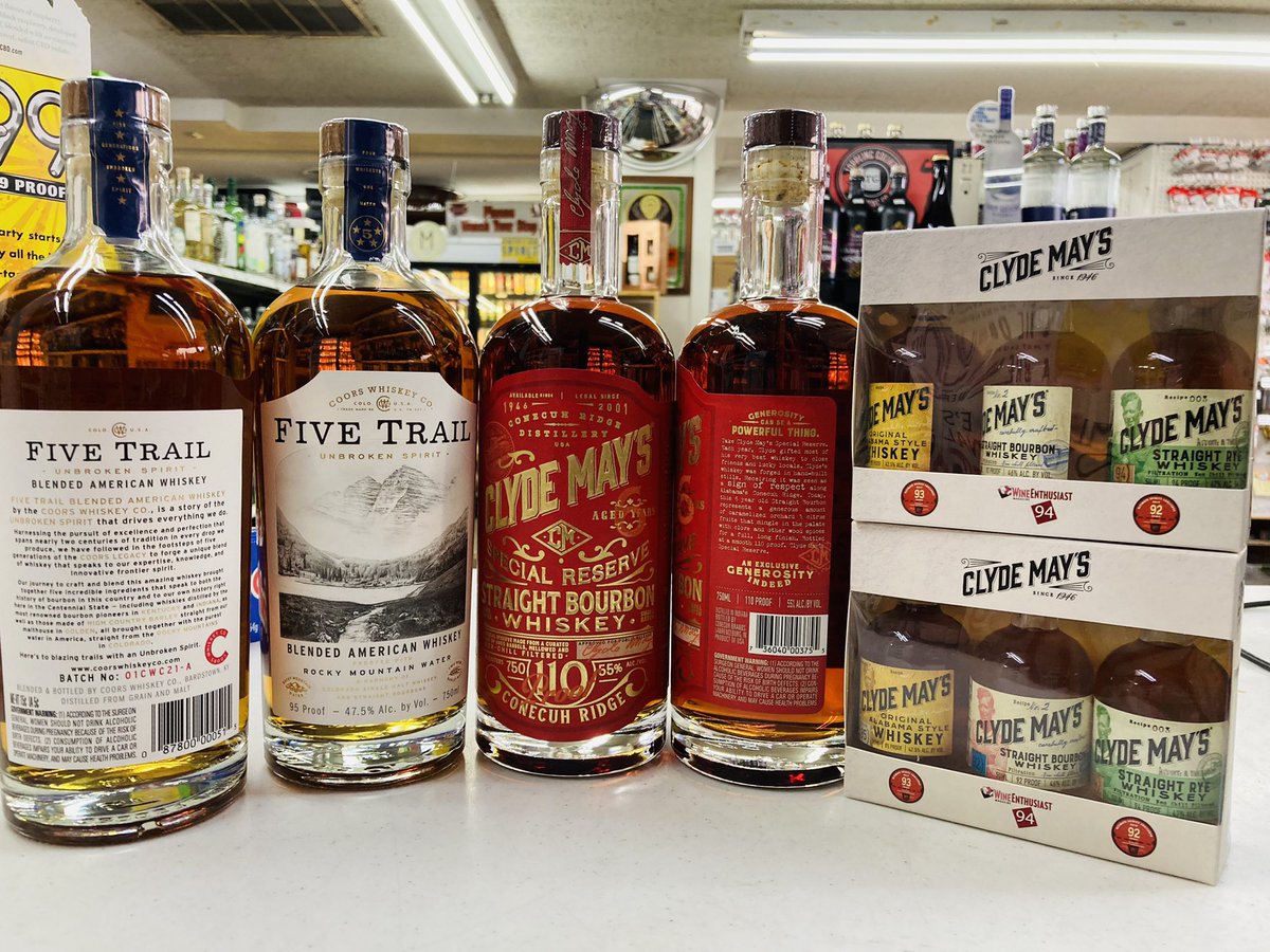 HarleysLiquor's tweet photo. New whiskeys hitting the shelf. #fivetrail from Colorado and #clydemayswhiskey bootlegged from Alabama https://t.co/O1C4z6ACjl