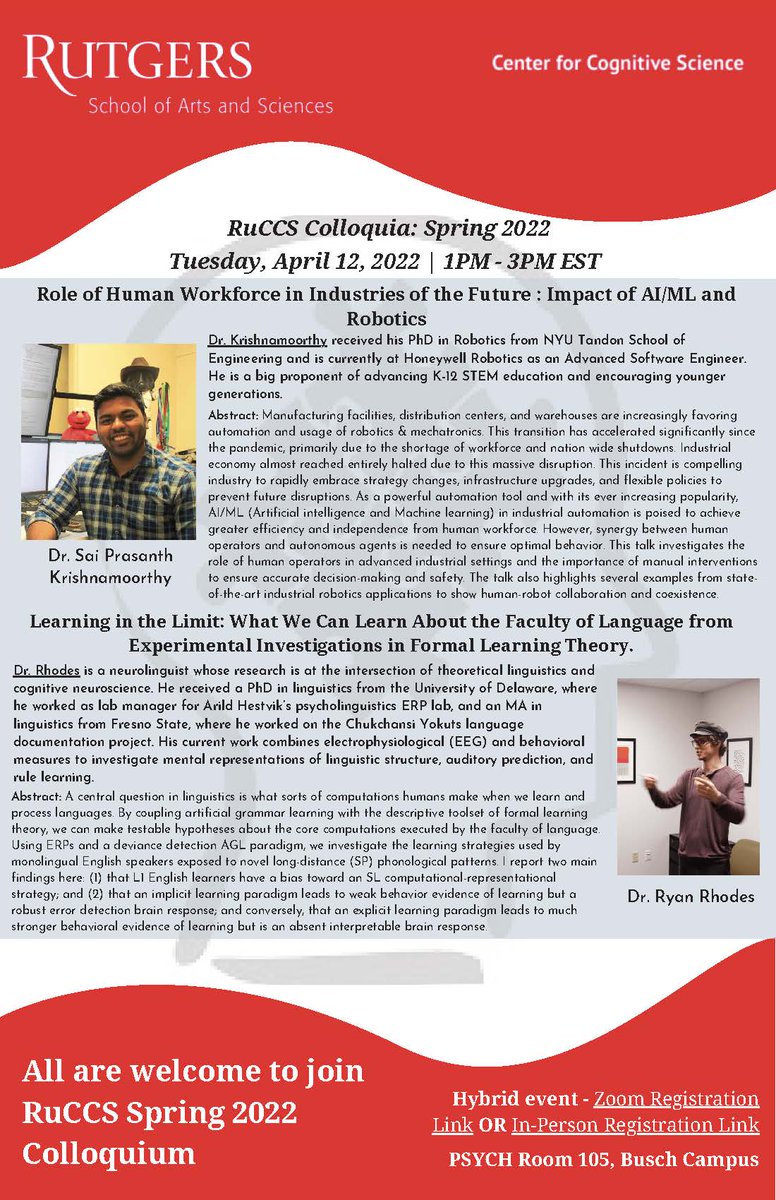 Join us on Tues, April 12th at 1PM for another HYBRID RuCCS Talks #CognitiveScience #Robotics #ArtificialIntelligence #Linguistics  

IN-PERSON RSVP: lnkd.in/dufu6AS4

VIRTUAL RSVP: lnkd.in/dDQHQMHC