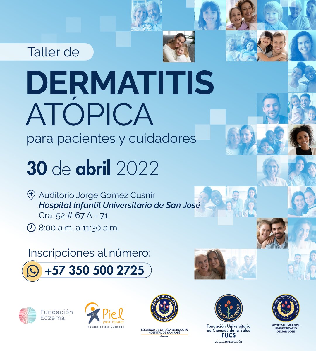 Hospital Infantil Universitario de San José (@hiusj_bogota) on Twitter photo Los invitamos el próximo sábado 30 de abril a participar en el taller "Dermatitis atópica para pacientes y cuidadores" en <a href="/MI_FUCS/">Fundación Universitaria de Ciencias de la Salud</a>
Las inscripciones se hacen través del número Whatsapp 350 500 2725
#ManosCálidasyConfiables Los invitamos el próximo sábado 30 de abril a participar en el taller "Dermatitis atópica para pacientes y cuidadores" en <a href="/MI_FUCS/">Fundación Universitaria de Ciencias de la Salud</a>
Las inscripciones se hacen través del número Whatsapp 350 500 2725
#ManosCálidasyConfiables