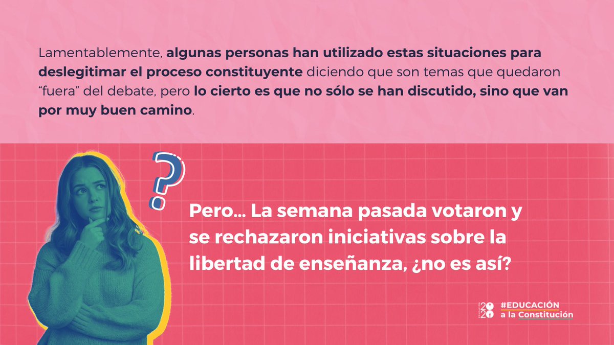 🧵| ¡Nos aburrimos de las mentiras en torno al trabajo de la #ConvenciónConstitucional! 😠 ¿Están en peligro la libertad de enseñanza y el derecho de las familias? ¡NO! En este hilo de imágenes te explicamos ⬇️