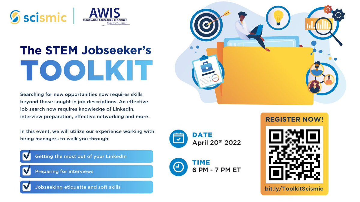 MASSAWIS's tweet photo. Join MASS AWIS and Scismic to learn more about an effective job search including topics such as navigating LinkedIn, preparing for the interview, and learning job seeking etiquette. For more info and to register: https://t.co/d1QvEiolcL https://t.co/MkhqhbQ9D6