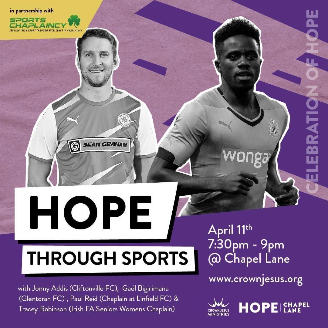 This should be a great night down at Hope Chapel in Belfast! Let me know if you want to go :-) Tea/coffee/donuts from 7:15pm too ;-)
#chaplaincy #sportschaplaincy #sports #Belfast #cliftonville #glentoran #linfield