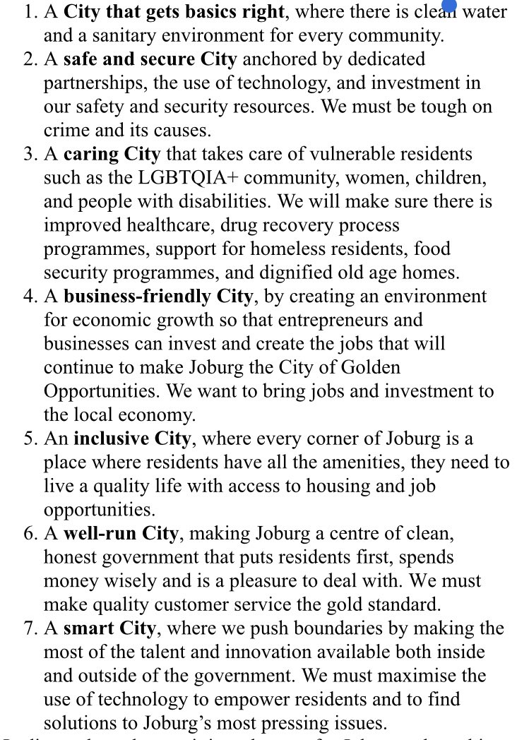 CityofJoburgZA's tweet photo. In closing, I would like to outline the 7 Mayoral Priorities for our five-year term in office. These interrelated priorities are our guiding star and our commitment to Johannesburg #JoburgFutureInfraDrive #JoburgProjects #TheBig5ConstructSA ^NB https://t.co/WfNsTWv7YL