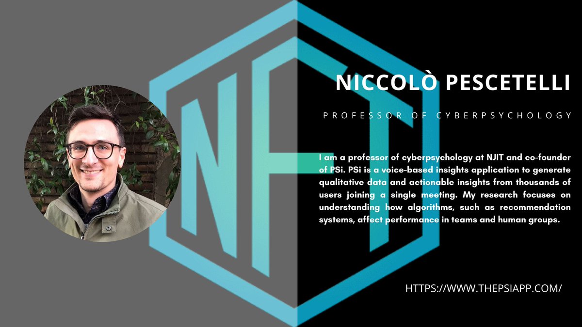 AcademicNFTCon's tweet photo. Join @UniofOxford and @MediaLab alum & @NJIT CyberPsychology Professor Niccolo' Pescetelli with @thepsiapp for the panel #DAO Collective Intelligence at the #AcademicNFTConference
🙌📚🧠
Watch for more April announcements at https://t.co/xlMdmVUFdf 🚀
#DePsy #DeRe #DeSci https://t.co/WrEakdFwmK