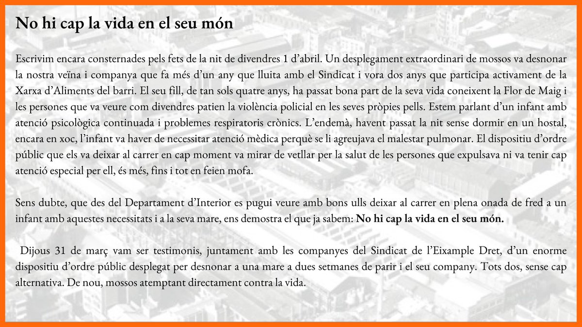 SHabitatgeP9's tweet photo. Dia rere dia, @interiorcat
ens demostra que #NoHiCapLaVidaEnElSeuMón 

➡️Per això exigim a @Esquerra_ERC #ProuDispositiusenHabitatge de la mà dels col·lectius del barri. 

Llegiu i adheriu-vos al comunicat!
👇👇👇
https://t.co/ejYT5PWyj7

Visca la lluita de la classe obrera! 🧡🖤 https://t.co/TyP1ejckFv