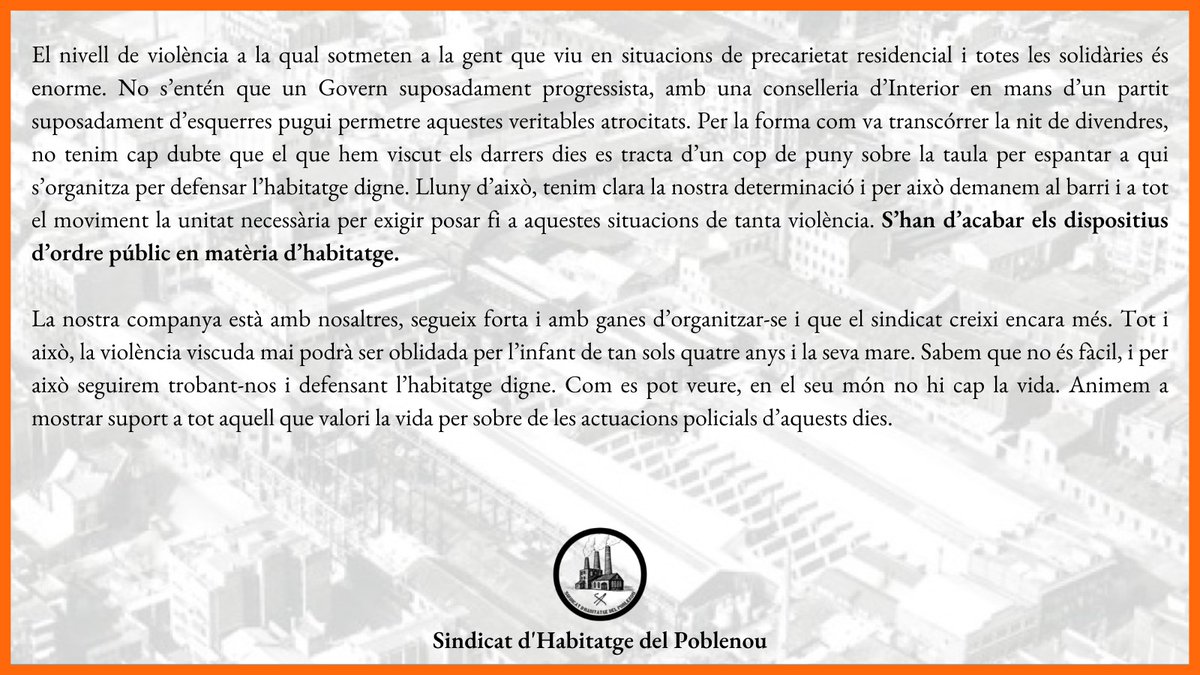 SHabitatgeP9's tweet photo. Dia rere dia, @interiorcat
ens demostra que #NoHiCapLaVidaEnElSeuMón 

➡️Per això exigim a @Esquerra_ERC #ProuDispositiusenHabitatge de la mà dels col·lectius del barri. 

Llegiu i adheriu-vos al comunicat!
👇👇👇
https://t.co/ejYT5PWyj7

Visca la lluita de la classe obrera! 🧡🖤 https://t.co/TyP1ejckFv