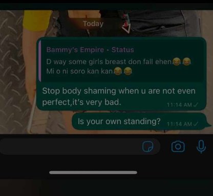 Ladies ehn
Dem no dey look at dem self before dem go body shame another lady