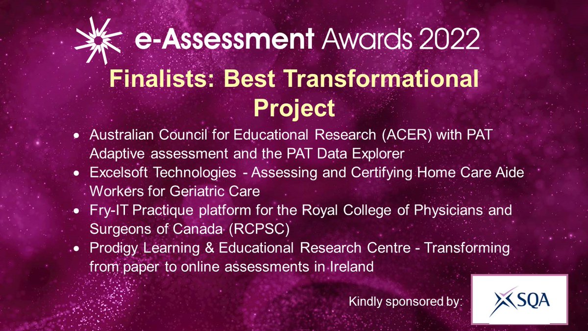 The eAssessment Association (@eassess) on Twitter photo Best Transformational Project Award Finalists
Congratulations to the finalists in the 2022 International e-Assessment Awards, Best Transformational Project <a href="/certmatters/">Prodigy Learning</a> <a href="/acereduau/">ACER</a> <a href="/ExcelsoftTech/">Excelsoft Technologies Pvt Ltd</a> Fry-IT
This award is sponsored by <a href="/sqanews/">SQA</a>
#eAssess2022 #eAAwards Best Transformational Project Award Finalists
Congratulations to the finalists in the 2022 International e-Assessment Awards, Best Transformational Project <a href="/certmatters/">Prodigy Learning</a> <a href="/acereduau/">ACER</a> <a href="/ExcelsoftTech/">Excelsoft Technologies Pvt Ltd</a> Fry-IT
This award is sponsored by <a href="/sqanews/">SQA</a>
#eAssess2022 #eAAwards