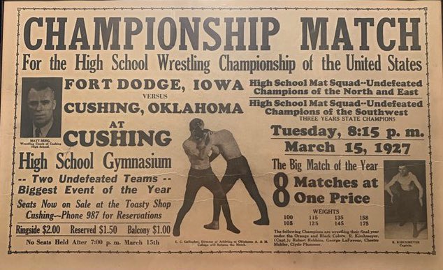 pin_dox's tweet photo. I thought this was cool… it’s a 1927 flier For the High School Wrestling Championship of the United States between Fort Dodge (IA) vs. Cushing (OK) @FDwrestling https://t.co/OtrP6XsgXB