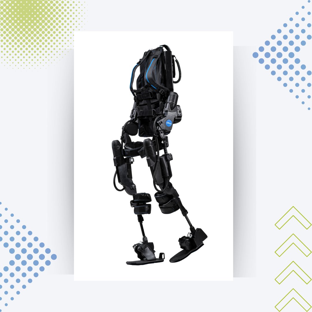 A robotic exoskeleton. The device is a torso with straps that people wear. Attached are legs with loops and foot pads for people to wear. 