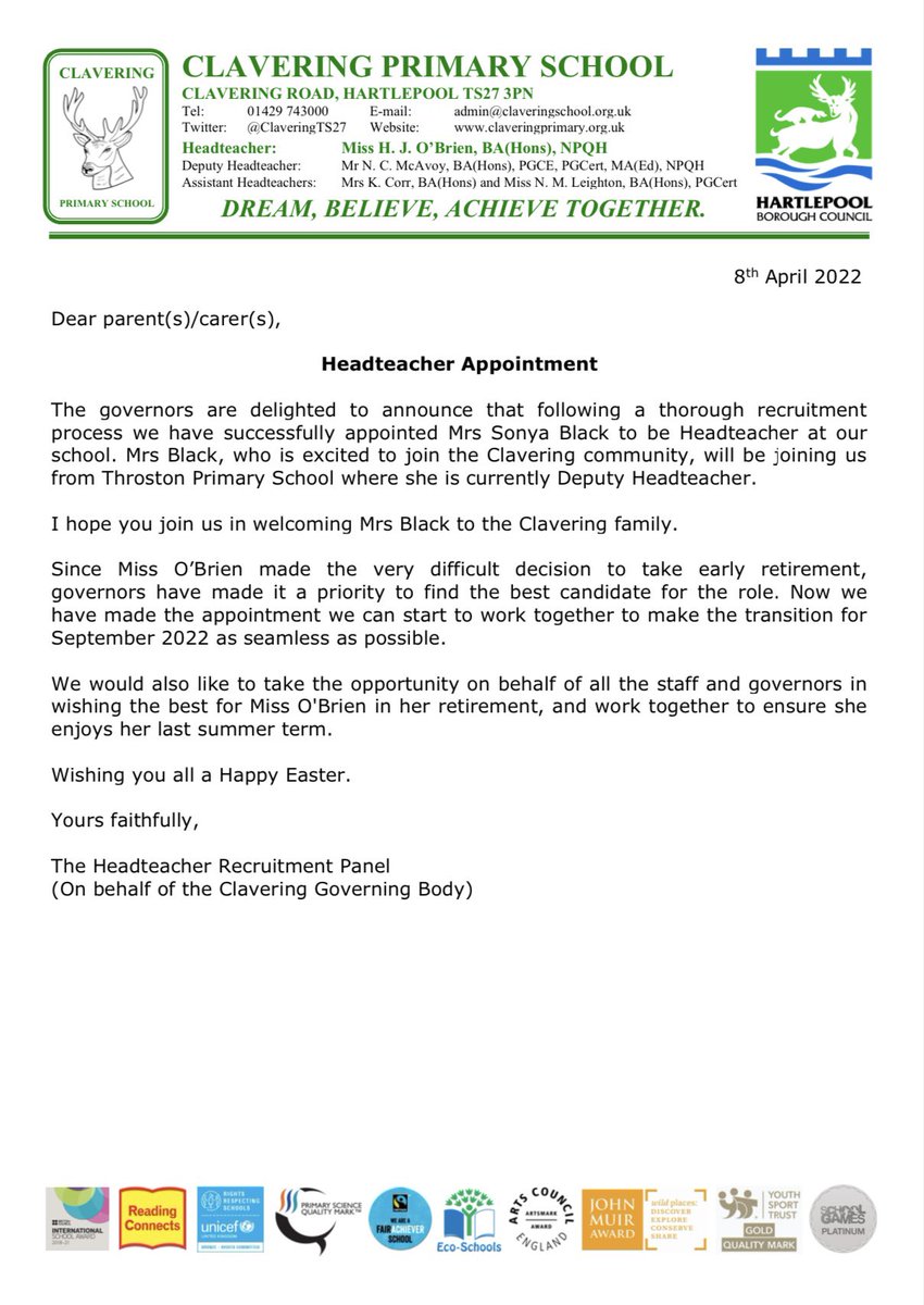 HEADTEACHER APPOINTMENT 

Please find attached an electronic copy of the letter that was sent home today by our Headteacher Recruitment Panel, announcing that Mrs Sonya Black has been appointed as Clavering Headteacher for September 2022.