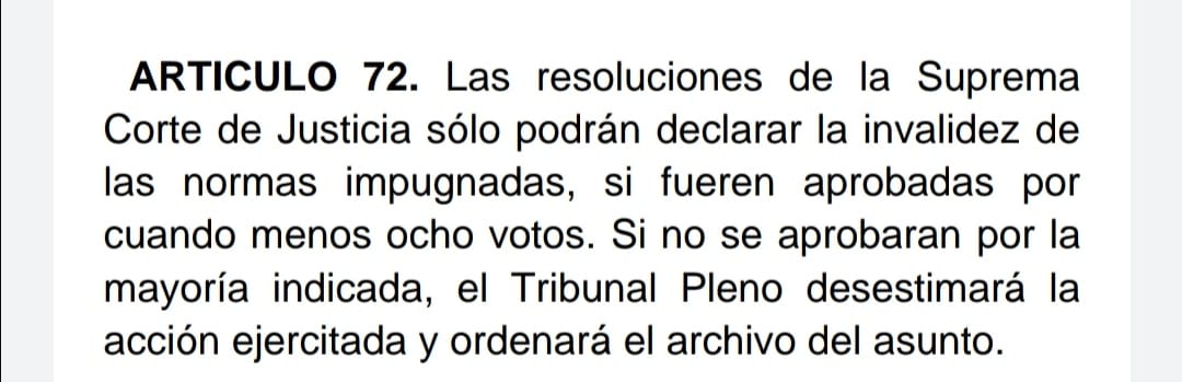 La Constitución, de hecho, ya no dice nada sobre eso. Aquí sí el legislador intercedió.El artículo 72 de la Ley Reglamentaria dice que, de alcanzarse la mayoría calificada se desestimará la acción.