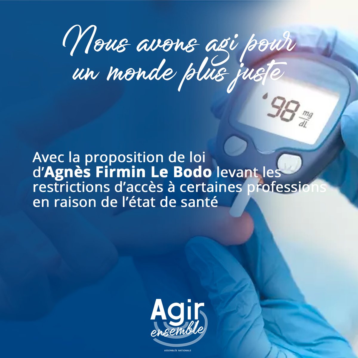 Agir Ensemble (@agirensemble_an) on Twitter photo Être pompier, pilote, policier ou aiguilleur ferroviaire lorsque l'on souffrait de diabète ou de certaines maladies chroniques était jusqu'alors impossible.
Avec la #PPLMétiersInterdits d'<a href="/agnesfirmin/">Agnès Firmin Le Bodo</a>, nous avons agi pour un monde plus juste en levant les barrières d'accès. Être pompier, pilote, policier ou aiguilleur ferroviaire lorsque l'on souffrait de diabète ou de certaines maladies chroniques était jusqu'alors impossible.
Avec la #PPLMétiersInterdits d'<a href="/agnesfirmin/">Agnès Firmin Le Bodo</a>, nous avons agi pour un monde plus juste en levant les barrières d'accès.