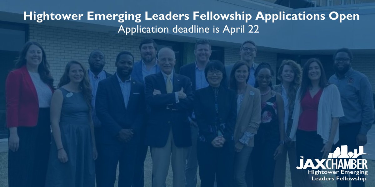 JAXChamber's tweet photo. Applications for Class VI of the Hightower Emerging Leaders Fellowship are open!
The Fellowship empowers the next generation of leaders by running the premier influence development program to improve the greater Jacksonville community.
Apply here. https://t.co/qXb43g2JpY https://t.co/4Hy8mV2xPB