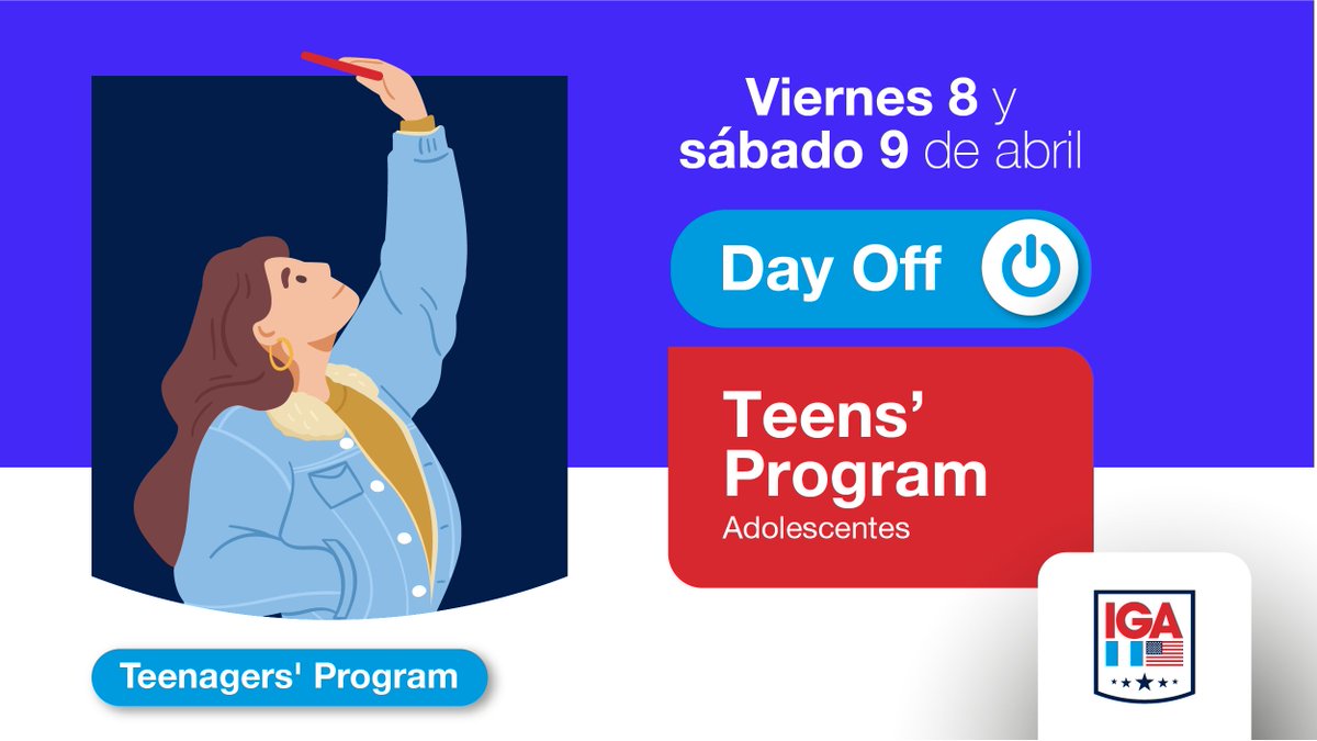 IGA_gt's tweet photo. Les recordamos a nuestros alumnos del programa de adolescentes que hoy viernes 8 y mañana 9 de abril no habrá clases.  😎

#dayoff #AprendeInglesConLosExpertos #IGAEstesDondeEstes #TeensProgram https://t.co/eDEtJH37Iy