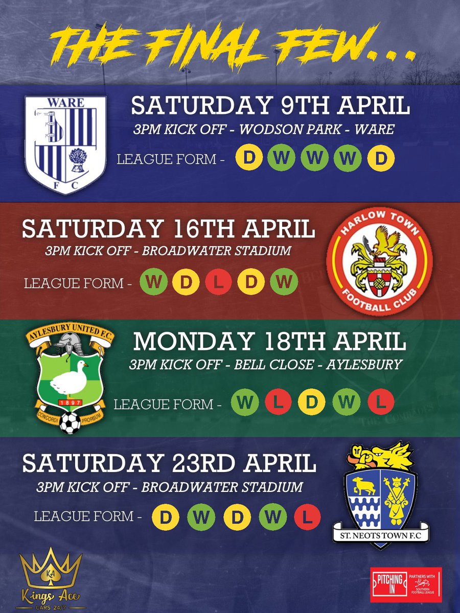 𝗧𝗛𝗘 𝗙𝗜𝗡𝗔𝗟 𝗙𝗘𝗪

Here’s how our final four league games shape up in April!

It could be an interesting few weeks with first place still a real possibility!

One thing is for sure, we will give our all for the final push!

COME ON YOU COMRADES! 

🟡🔵