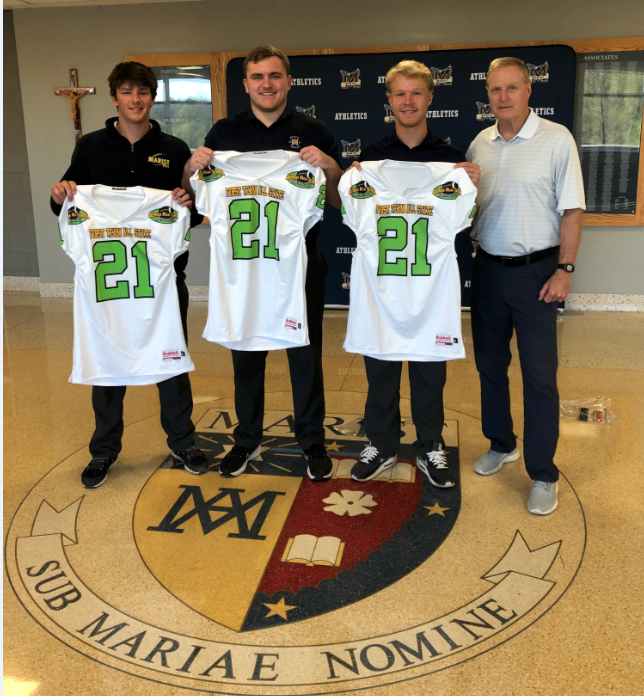 GHSF Daily's All-State Jersey Tour is underway!  

Receiving 2021 all-state jerseys Friday at Marist were (L-R) punter <a href="/RippPerez/">Ripp Perez</a>, OL <a href="/steven_nahmias/">Steven Nahmias</a>, DL/FB <a href="/AndrewMannelly/">Andrew Mannelly</a> w/ HC Alan Chadwick. 

Thanks to our sponsor, Riddell Georgia! 
@RiddellLou_SE