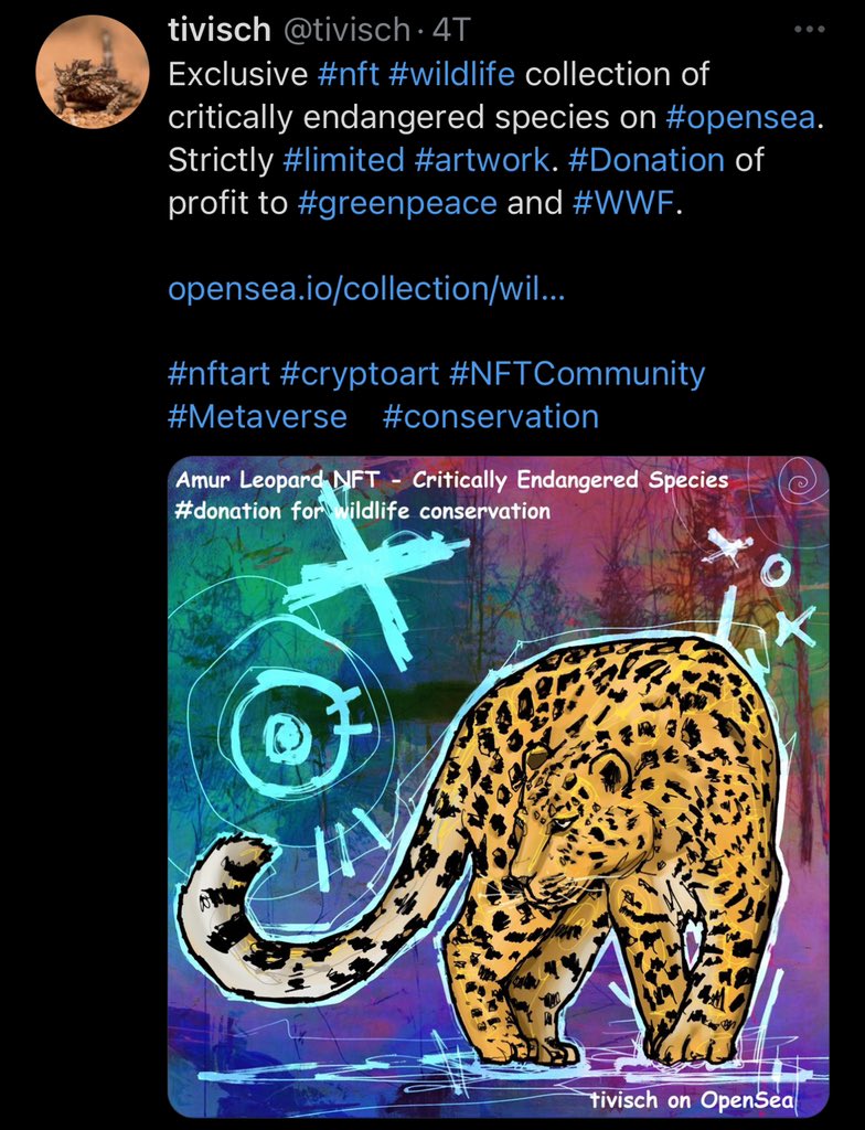 tivisch's tweet photo. @MetaLadies_ @tivisch
Exclusive #nft #wildlife collection of critically endangered species on #opensea. Strictly #limited #artwork. #Donation of profit to #greenpeace and #WWF.

https://t.co/HidIjflqSg…

#nftart #cryptoart #NFTCommunity #Metaverse #conservation https://t.co/GMhiDgFhbY
