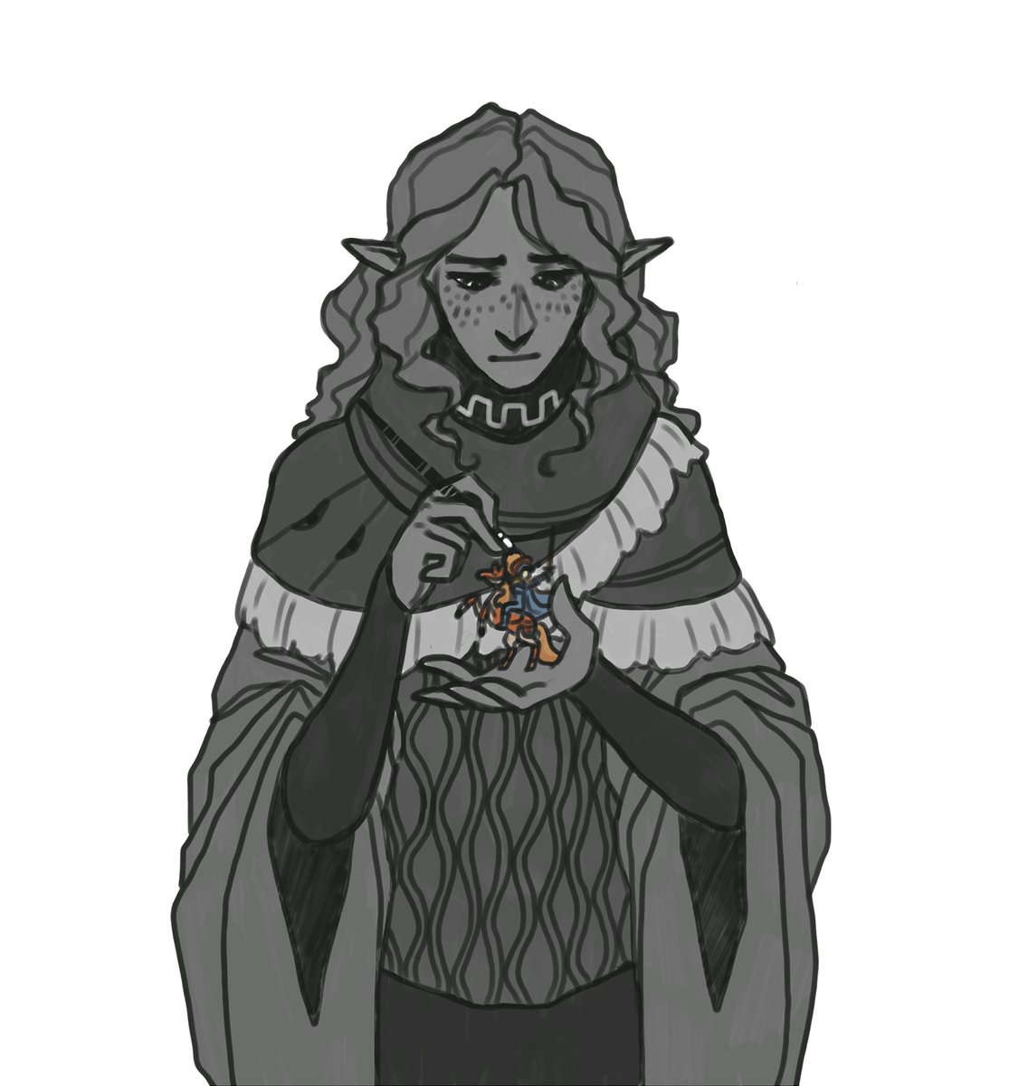 Essek_Thelyss's tweet photo. I'm used to drawing with a pen tool, but I've been enjoying doing sketches and polishing them into line-art using a brush tool! It's relaxing.
Sadly, in my joy, I forgot to record this one. Oh well. Here's Findal painting one of his wooden puppets~
#DnD #Elf #DigitalArt #Findal https://t.co/awZCN1N1Ei
