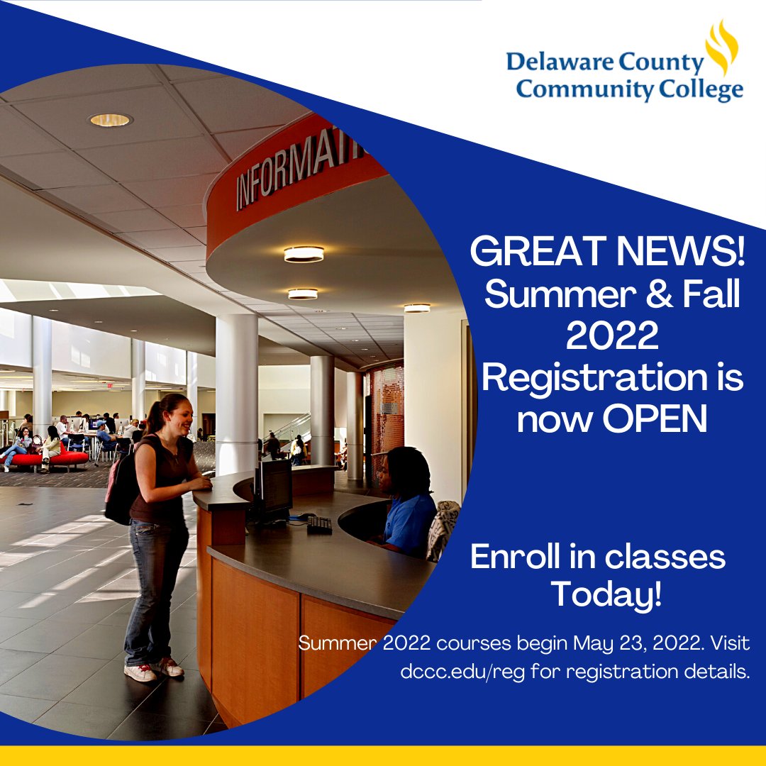 DCCC_ADMISSIONS's tweet photo. Enroll in classes today!

Summer and Fall 2022 registration is now open! Summer 2022 courses begin on May 23rd, 2022. For registration details please visit https://t.co/e7HywTCCNH

#dccc#delawarecountycommunitycollege#internationalstudents#register#college#summer2022#fall2022 https://t.co/ZKGSpfddWl