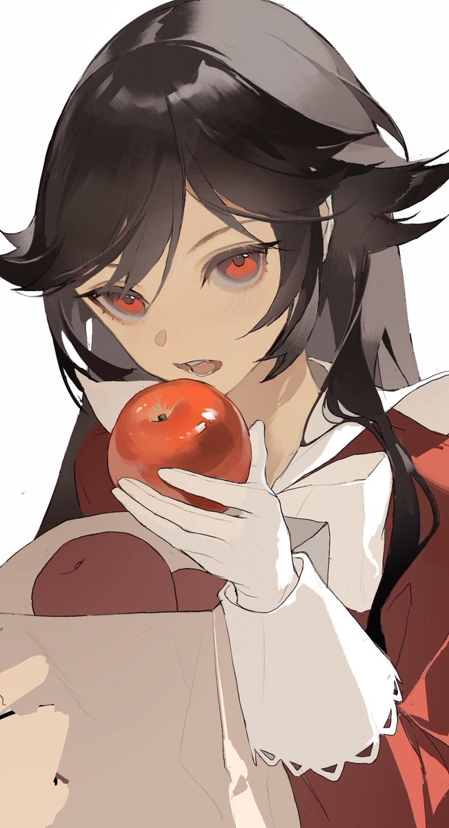 1girl apple food fruit holding solo red eyes  illustration images