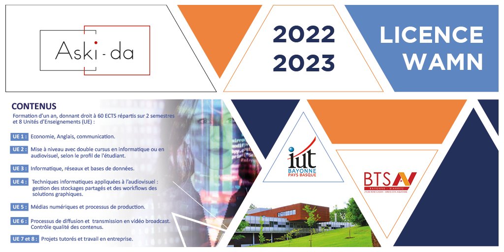 Licence WAMN 2è promo ! la plaquette est disponible et les inscriptions ouvertes bit.ly/3uk9xHI.
Soyons prêts à recevoir les futurs alternants !
Prog. 2022-23 yc workflows graphiques des chaînes tv.
<a href="/iutbay/">IUT de Bayonne et du Pays Basque</a> BTSAVBayonne  #licencepro #alternance #audiovisuel #broadcast