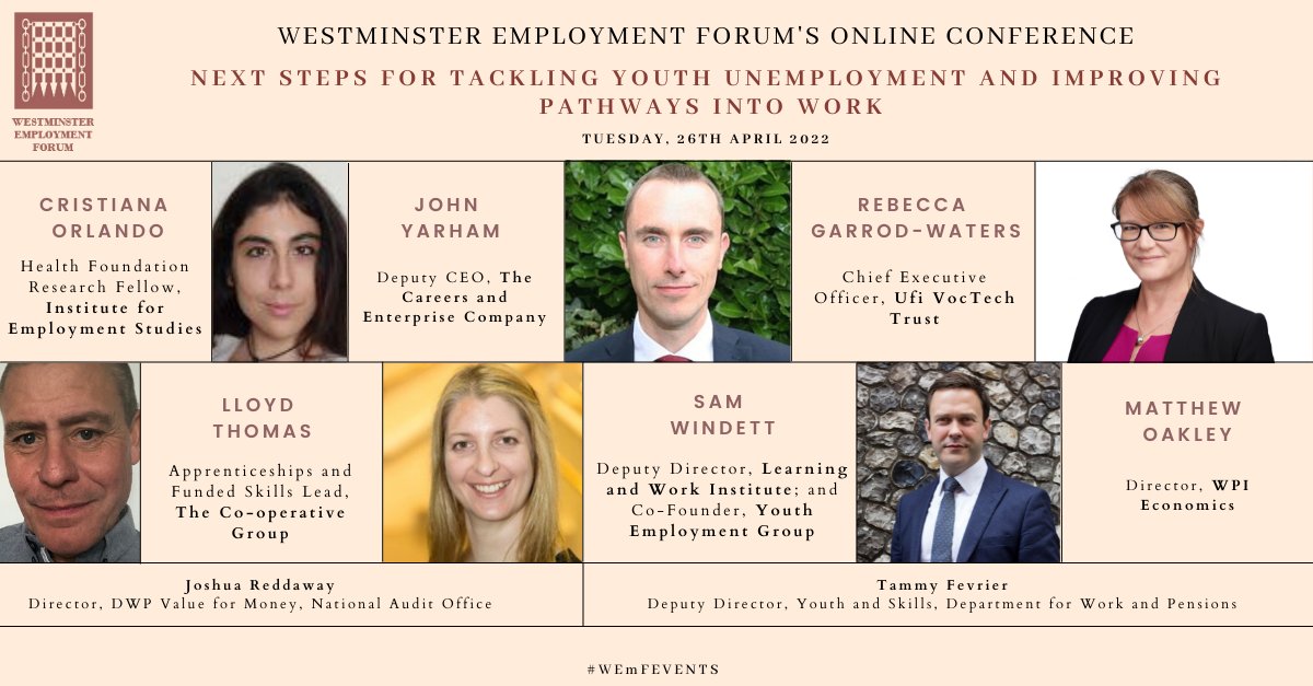 We're pleased to be hosting <a href="/Cristiana_IES/">Cristiana Orlando</a> <a href="/EmploymtStudies/">Institute for Employment Studies</a> <a href="/John_Yarham/">John Yarham</a> <a href="/CareerEnt/">The Careers & Enterprise Company</a> <a href="/RebeccaGW/">Rebecca GarrodWaters</a> <a href="/UfiTrust/">Ufi VocTech Trust</a> <a href="/coopuk/">Co-op</a> <a href="/SamanthaWindett/">Sam Avanzo Windett</a> <a href="/LearnWorkUK/">Learning and Work Institute</a> <a href="/MJ_Oakley/">Matthew Oakley</a> <a href="/wpi_economics/">WPI Economics</a> <a href="/ReddawayJoshua/">Joshua Reddaway</a> <a href="/DWP/">DWP</a> discussions on youth #unemployment on the 26th April. Book here: bit.ly/3p6Qb5N