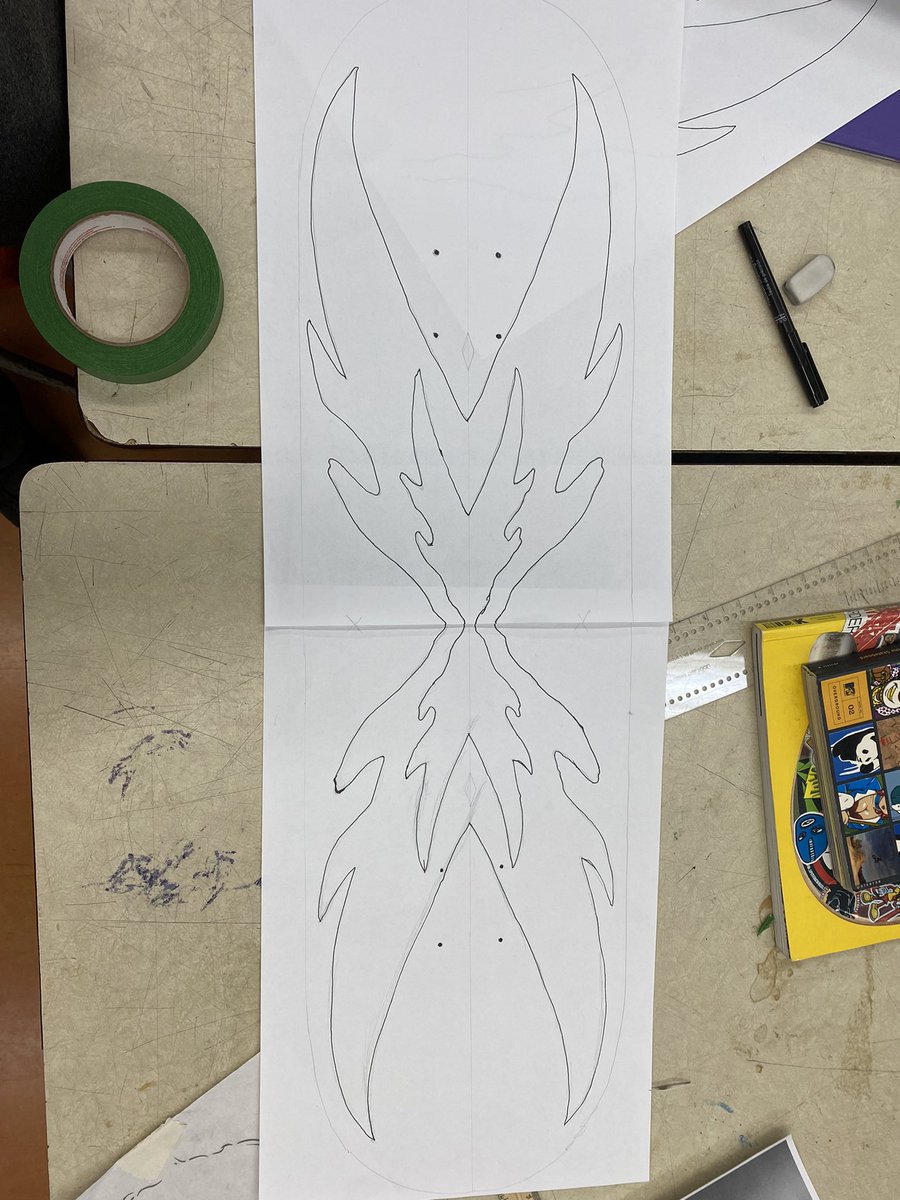 Exiled_Skate's tweet photo. The board is made using 7 layers of maple wood with two spray paints with a matte finish to seal it. I created my design digitally, then put it on paper I then taped the board, transferred the design, and cut it out creating a stencil so that it was ready to spray https://t.co/5OQNOSxfh5