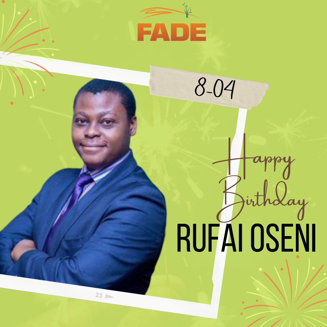 Happy Birthday <a href="/RufaiOseni/">Rufai Oseni</a>
From all of us <a href="/FADEafrica/">FADE Africa</a>

Thank you for all you do for humanity. 
#fadeafrica
#rufaioseni
#HappyBirthdayAlluArjun
#climatechange
#fightagainstdesertencroachment 
#fightagainstdesertification 
#nelsonmandelagardens 
#HappyBirthday #ClimateAction