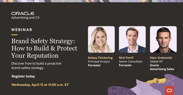 ClarkMorey's tweet photo. What are the best practices used by leading brands and agencies for developing an effective #BrandSafety strategy? Join this webinar with @OracleDataCloud and guest speakers Kelsey Chickering from Forrester and Nick Ferrif from TEI to find out. https://t.co/yvPxqus9jK https://t.co/7KjW2L88RB