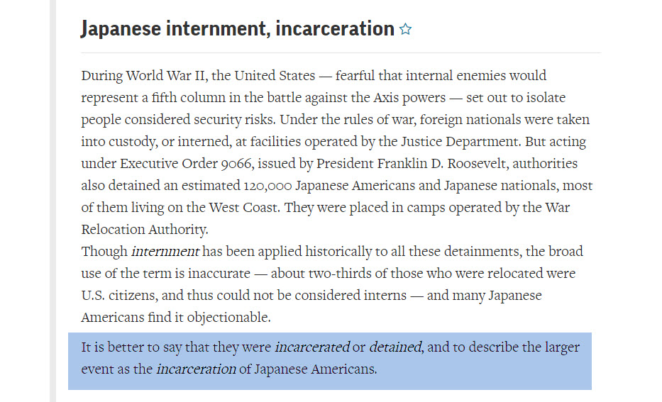 hfuhrmann's tweet image. Among the welcome updates announced last week by @APStylebook, its guidance calling for “incarceration” over “internment” merits wider attention. For those who have advocated on this matter, it’s a game changer. Thank you again, @AP friends. cc: @aaja @AAAStudies @DenshoProject