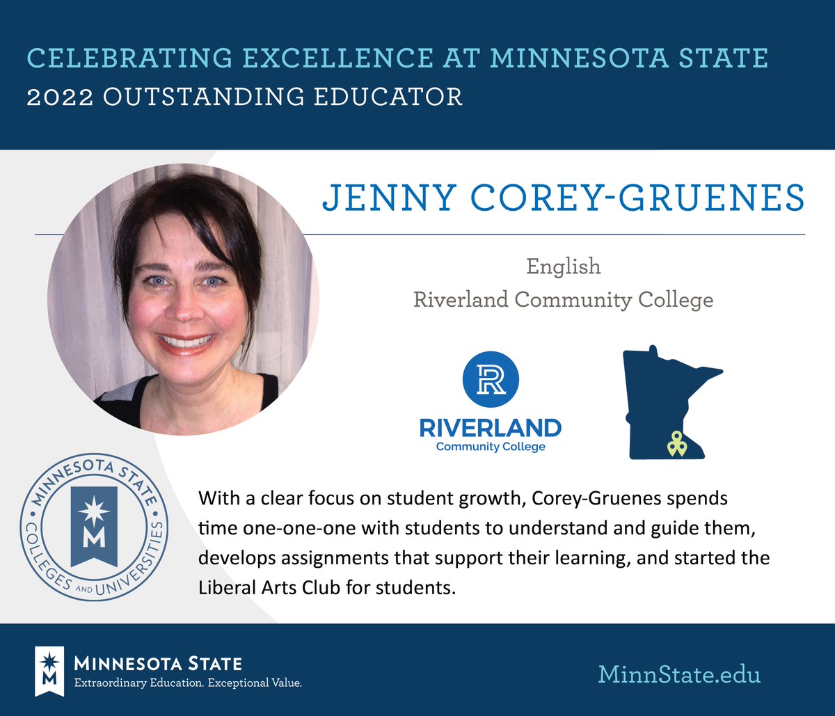 Congratulations Jenny Corey-Gruenes, @RiverlandCC 2022 Outstanding Educator! 

See more at https://t.co/7M4zUHS4ne #MinnStateBOTAwards https://t.co/K8gyxd6bxd