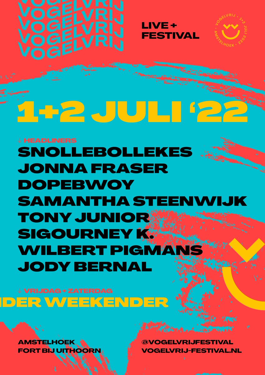 𝗩𝗢𝗚𝗘𝗟𝗩𝗥𝗜𝗝 𝟮𝟬𝟮𝟮: 𝗗í𝘁 𝗶𝘀 𝗱𝗲 𝗹𝗶𝗻𝗲-𝘂𝗽! 💥☀️🎉
We hebben alles uit de kast getrokken voor het Vogelvrijste weekend ooit! Zing de longen uit je lijf, schitter op de dansvloer en ga koprollend naar huis. Bekijk de hele line-up op vogelvrij-festival.nl/line-up/