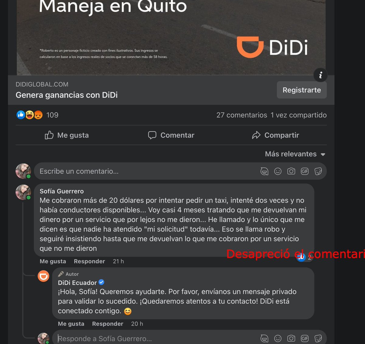 0106Sofig's tweet photo. #DenunciaCiudadana #DenunciaPública #DidiLadrones 
@teleamazonasec    @ecuavisa  @EcuavisaInforma  @tctelevision 
Quiero hacer una denuncia pública... por favor se debe investigar a esta empresa! link explicación: https://t.co/w1tZ0QHNbx https://t.co/il8Pbmhz8e