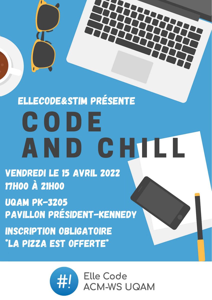 Viens coder, chiller ou un mélange des deux avec nous (aka en bonne compagnie)! 😃
En plus, il y aura de la pizza pour agrémenter le tout!🍕🍕

Quand: vendredi 15 avril 2022 de 17h à 21h
Où: PK-3205

Pour t’inscrire c’est ici: linktr.ee/ElleCodeEtSTIM 🔗 #codeandchill