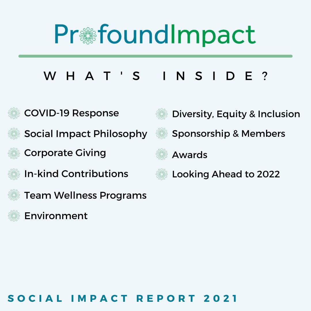 Our 2021 #SocialImpactReport is now available! This report presents the #SocialImpacts of our company activities during the 2021 calendar year. Swipe to see what you can find inside the report and read the full report here: bit.ly/3wZ4a2l #ProfoundImpact