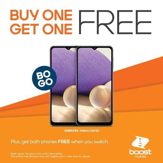 BoostBarker's tweet photo. 🎉 A FREE Samsung Galaxy A32 is all yours with the purchase of another Samsung Galaxy A32, PLUS get the first phone free when you switch. Restr. apply. In-store only. #getboost https://t.co/3HNsLZpkI7