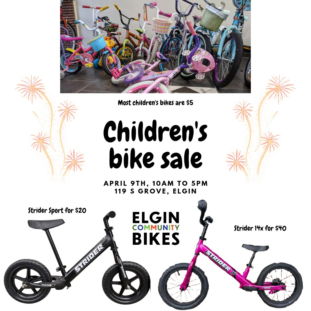ElginComBikes's tweet photo. Saturday we're doing one of our things! Come and find the next children's bike that your crew needs. We have a variety of children's bikes and a bunch of Strider bikes we are looking to find new homes in the community. #kidsbikes #CommunityBikeShop #littlewheels https://t.co/A0Rn3m5uJy