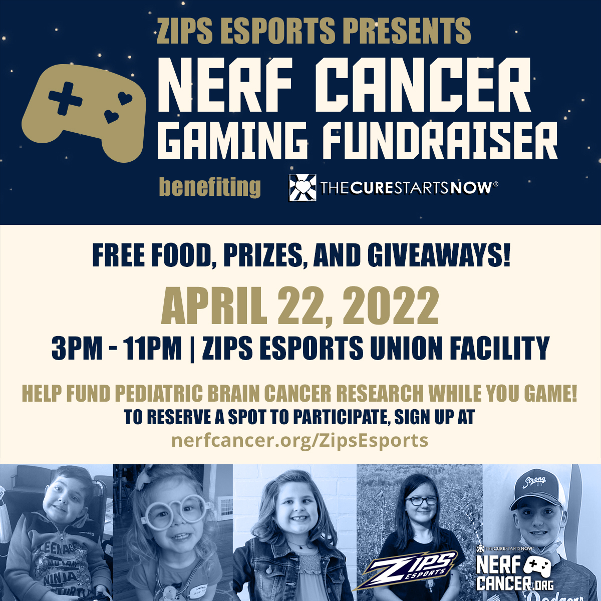 NerfCancer's tweet photo. Hey, @ZipsEsports gamers!🎮Make a difference for kids with cancer while you game! Sign up to help fundraise for critical pediatric brain cancer research on April 22. There will be food, games, prizes - and it's FREE! 💛Reserve your spot by going to: https://t.co/khbR592f4i #event https://t.co/DKGVFqz2nC