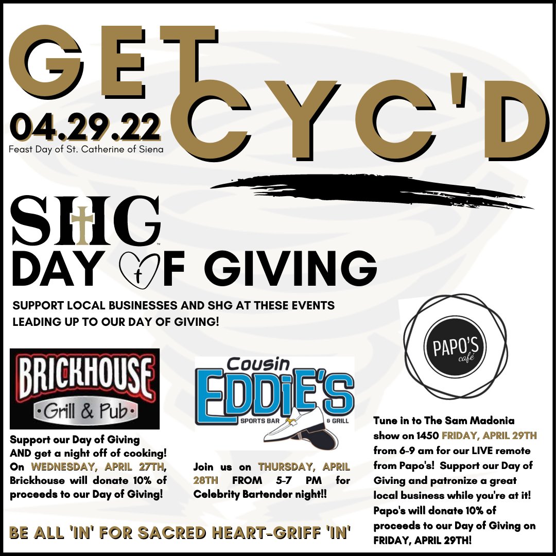 SHGCyclones's tweet photo. Our Day of Giving is only THREE weeks away! Save the Date for these fun events leading up to our giving day and support these local businesses while you are at it! #GetCycd https://t.co/G65coxkZtg