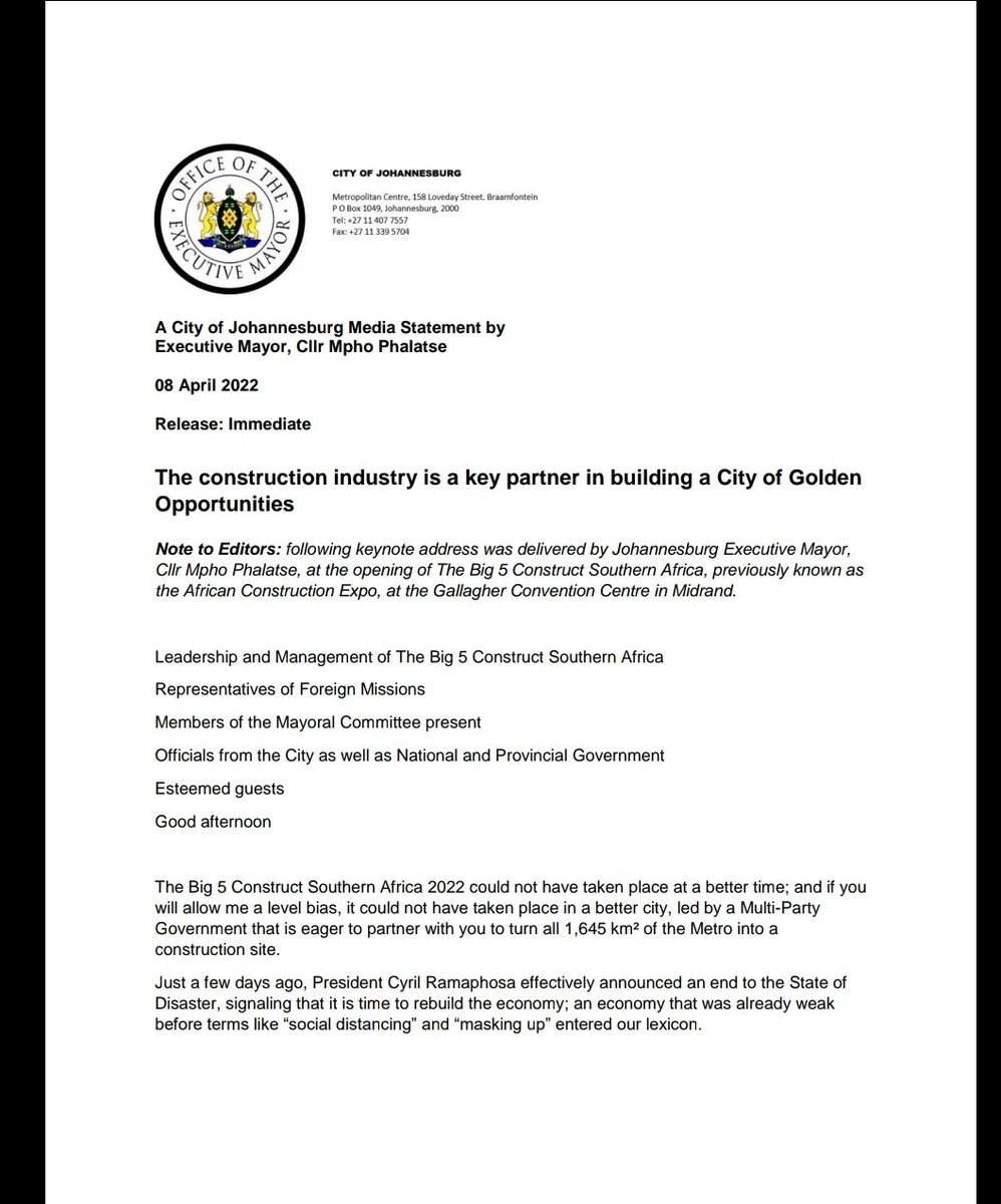 mphophalatse1's tweet photo. [SPEECH] The construction industry is a key partner in building a City of Golden 
Opportunities

#JoburgProjects #JoburgFutureInfraDrive #TheBig5ConstructSA https://t.co/JFJXSb9m3V