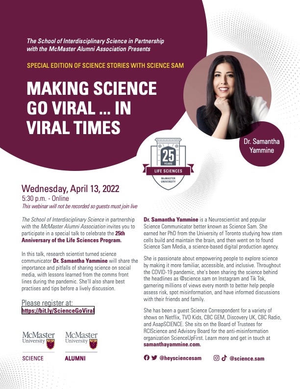 katiemoisse's tweet photo. Are you a scientist looking to do #scicomm on social media? Learn from a pro! @heysciencesam is our next Science Stories speaker. Join us for her free talk Wednesday April 13 at 5:30 pm. @McMasterScience @McMasterU @McMasterAlumni Register free 👉 https://t.co/j8S7PM8wTw https://t.co/whuPq4rkmu
