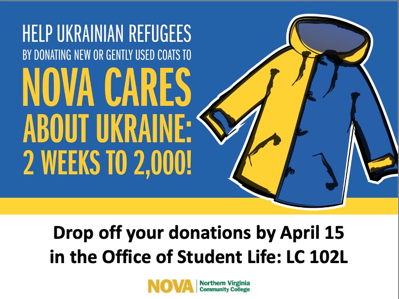 novaloudoun's tweet photo. #NOVA is partnering with @NoVARegion to collect 2,000 coats for Ukrainian refugees by April 15.
ππ§€ππ§₯ππ§£π
Please bring your new/gently used blankets, coats, socks, or gloves to the Office of Student Life, LC 102L to donate. #NOVAServes
Learn more >> https://t.co/g8zCzlcAmv https://t.co/52D77DpIdV