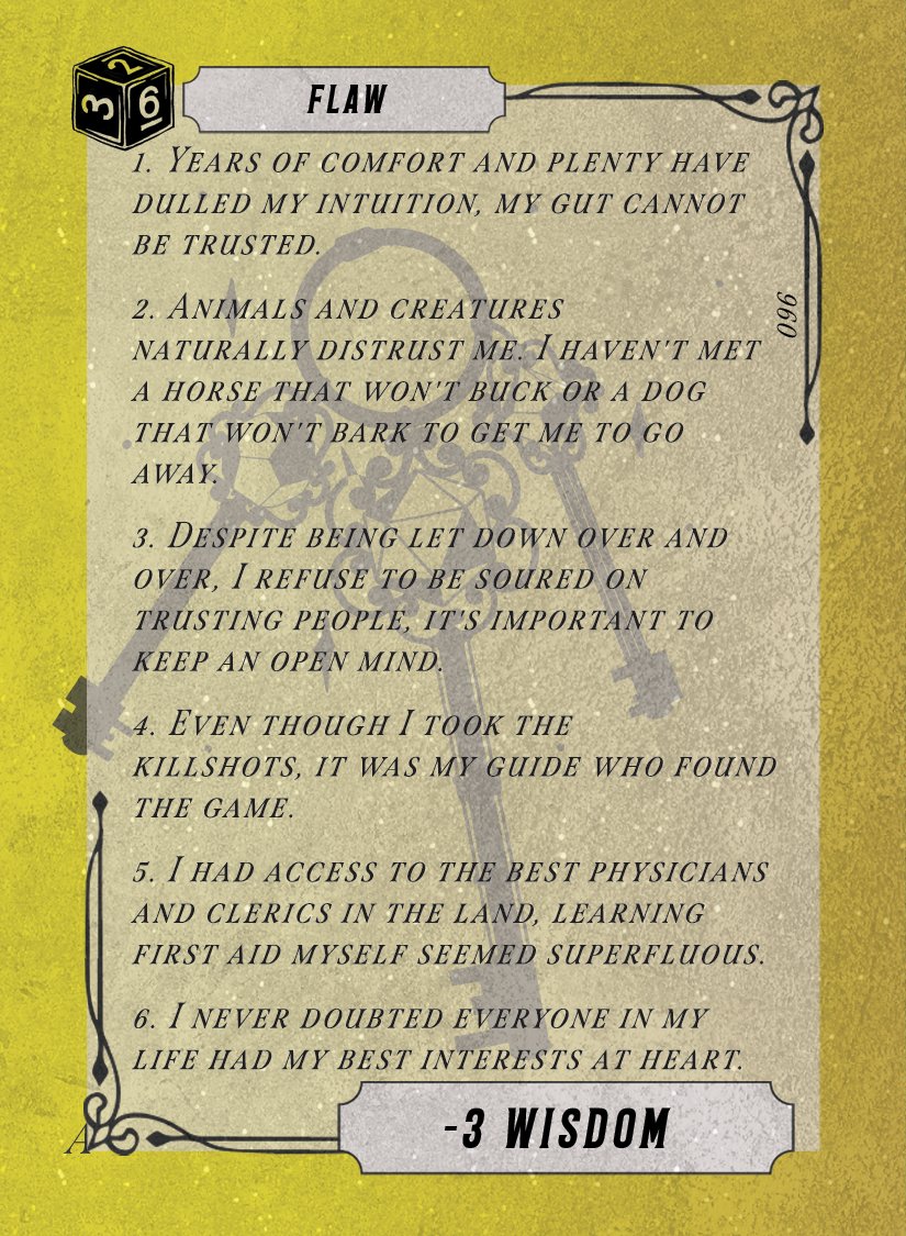 Time for Friday's Flaw! 

Which of these Wisdom-themed flaws do you see in your own character? 🧙‍♂️

You can check out many more of these in Prologues - #DnDCharacter creation game:
thegamecrafter.com/crowdsale/prol…

#dnd #ttrpg #ttrpgfamily #dnd5e #rpg #ttrpgcommunity