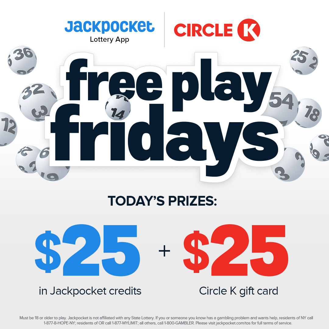 Jackpocket's tweet image. It's Free Play Friday and we're teaming up with Circle K. Let's go!

Prizes 👇
🤑 1 winner: $25 in lotto credits *and* a $25 Circle K gift card!
🤑 Bonus 10 winners: 1 free lotto play

How to win 👇
➖ RT this
➖ Follow us and @CircleKStores 

Winners will be announced 4/11. 🤞