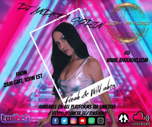 JdkRadio's tweet photo. On JDK Radio, proudly presenting, DJ Andrea Godin &amp; her "Fresh &amp; Wild" tunes. From 10pm EDT, 03am GMT, 04am CET so come join us, details on the flyer - https://t.co/Ot7S7O74QX @andreagodin https://t.co/VaGQLrywvP