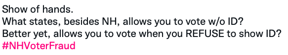 MRSRedVoteR's tweet photo. @NHDems @NHGOP REAL #NHResidents SUPPORT SB 418.
The easiest state to vote in- Bill Gardner.
Drive-by Voting. https://t.co/1Fc1hNO7DY