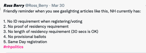 MRSRedVoteR's tweet photo. @NHDems @NHGOP REAL #NHResidents SUPPORT SB 418.
The easiest state to vote in- Bill Gardner.
Drive-by Voting. https://t.co/1Fc1hNO7DY