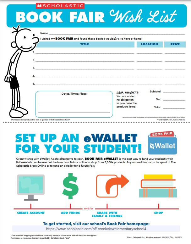 Get ready for Spring Book Fair <a href="/Creekvw_Tweets/">Creekview Elementary</a>, 4/18-4/22! Don't want to send in cash with your student? Set-up an e-wallet, directions below. Everything will be electronic, connected to our fair and register...no need to print.

Thanks for supporting Creekview!