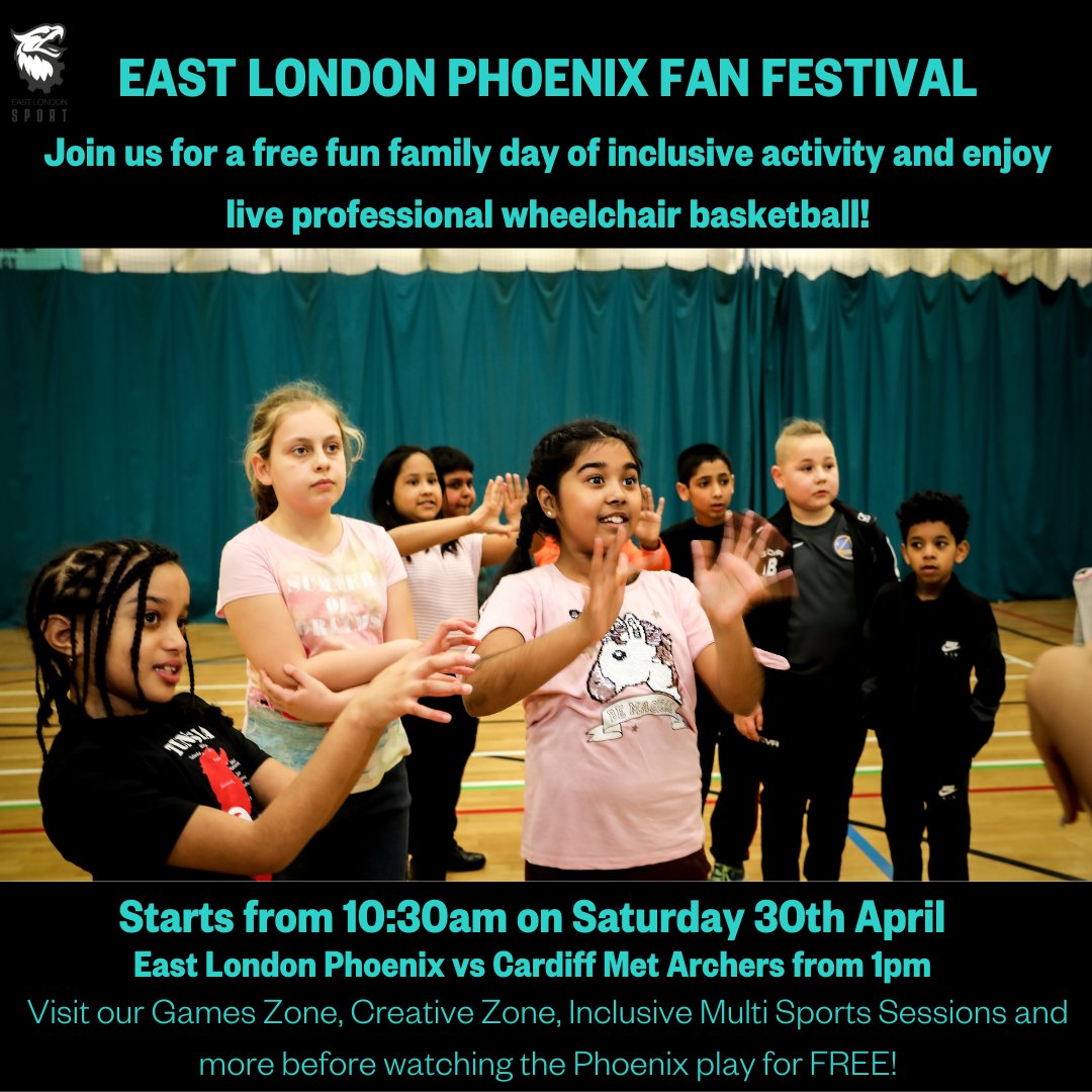 EastLDNPhoenix's tweet photo. Come down and join us on Saturday 30th April!

With opportunities to take part in inclusive sports sessions and watch the Phoenix play afterwards, just follow the link to confirm your place.

Tickets and entry are FREE:

👉https://t.co/G4U18lo1Ny https://t.co/4QYfGRuO0e